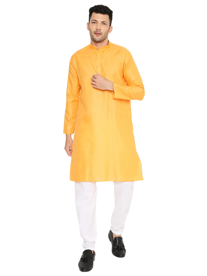 Magic Cotton Kurta in Marigold with a comfortable fit, paired with white pajama. Ideal for festive and daily traditional wear.