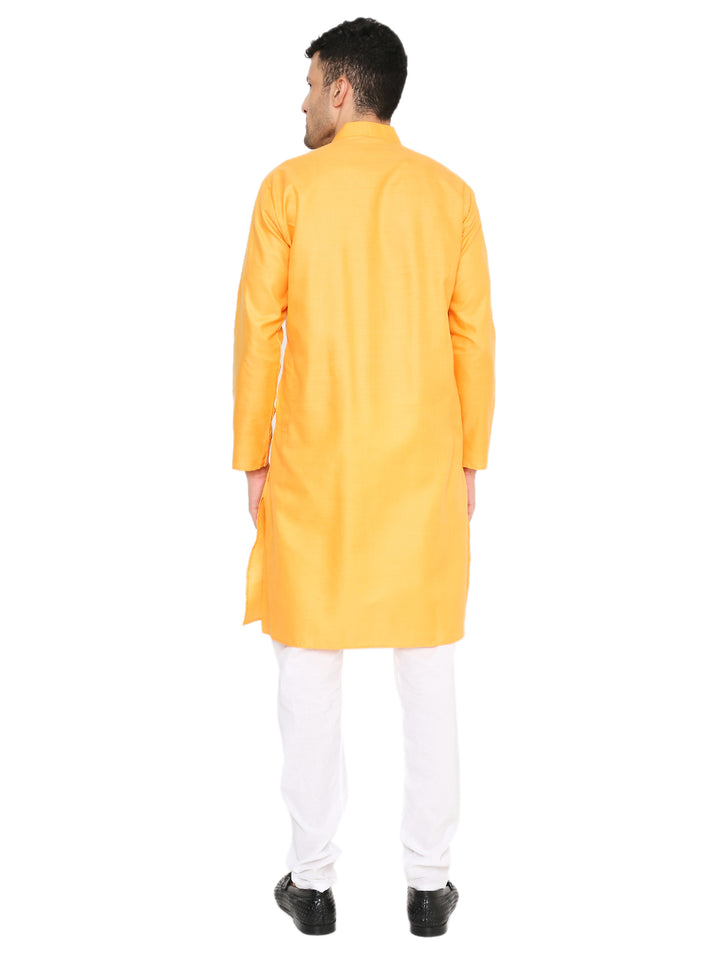 Back view of Magic Cotton Kurta - Marigold showing straight hem and long sleeves. Lightweight and machine washable fabric.