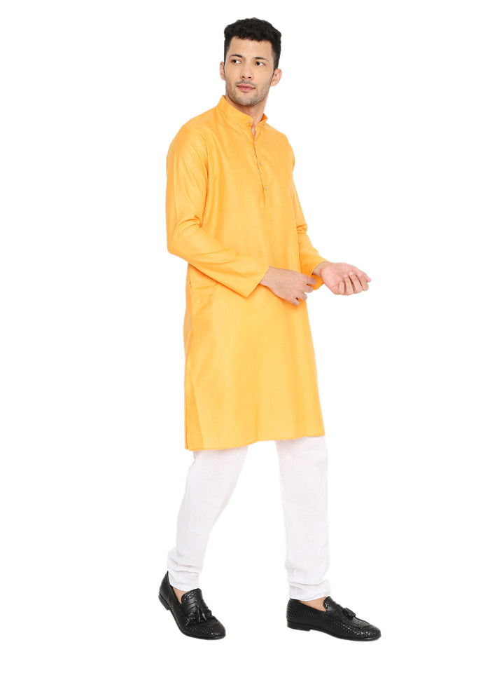 Angled view of Magic Cotton Kurta - Marigold highlighting its tailored fit and breathable cotton texture for all-day comfort.