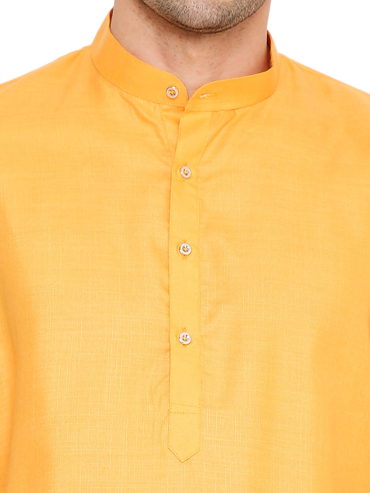 Close-up of Magic Cotton Kurta - Marigold collar and button placket, showcasing fine stitching and soft cotton weave.