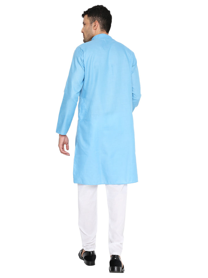 Back view of Magic Blue Cotton Kurta showcasing its straight hem and relaxed fit, ideal for traditional or everyday styling.