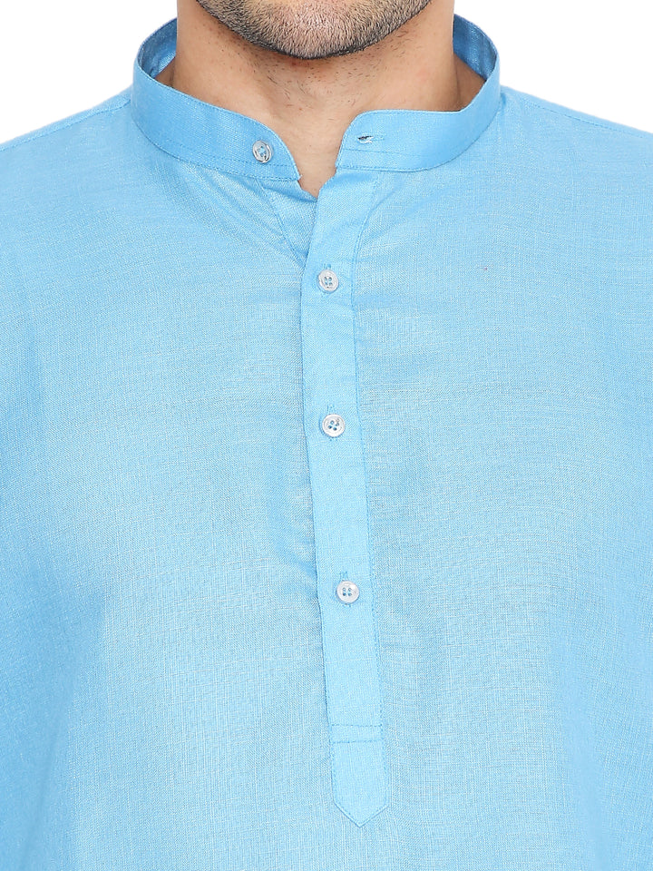 Close-up of Magic Blue Cotton Kurta's mandarin collar and button placket, emphasizing its neat stitching and breathable cotton texture.