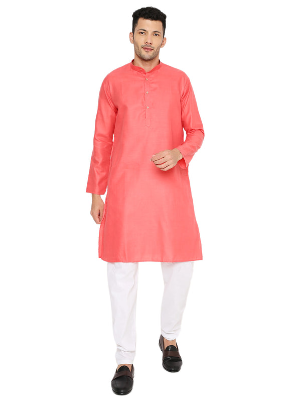 Coral Kurta Set - Maharaja Comfort featuring a solid coral kurta with white pajama, ideal for traditional wear. Easy fit and machine washable.