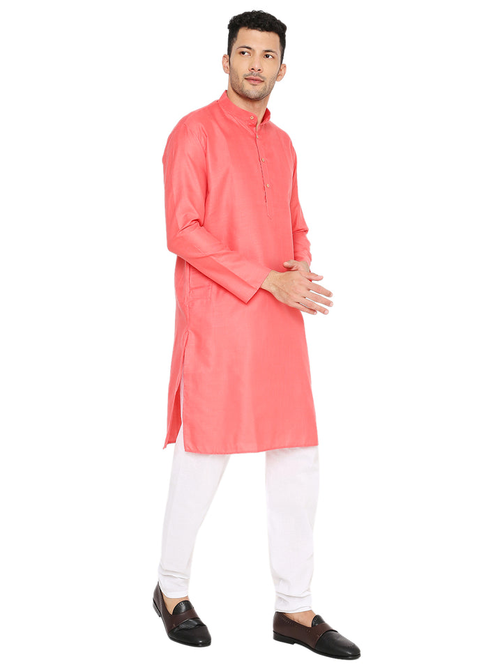 Angled view of Coral Kurta Set - Maharaja Comfort showcasing the stylish mandarin collar and side slits for ease of movement.
