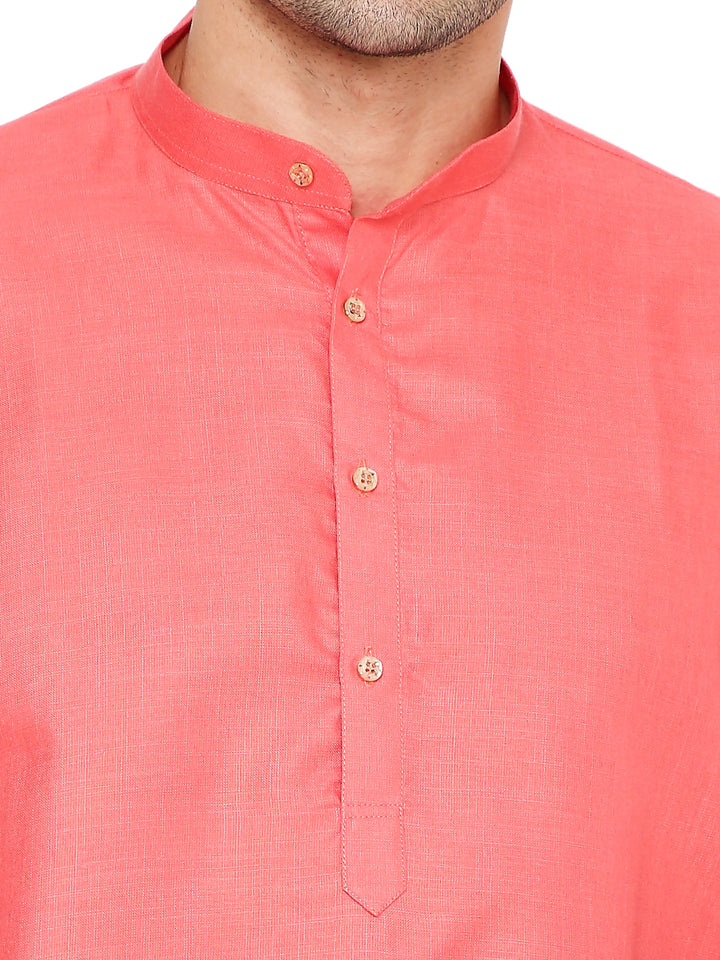 Close-up of Coral Kurta Set - Maharaja Comfort focusing on the button placket and fine cotton texture for a refined ethnic look.