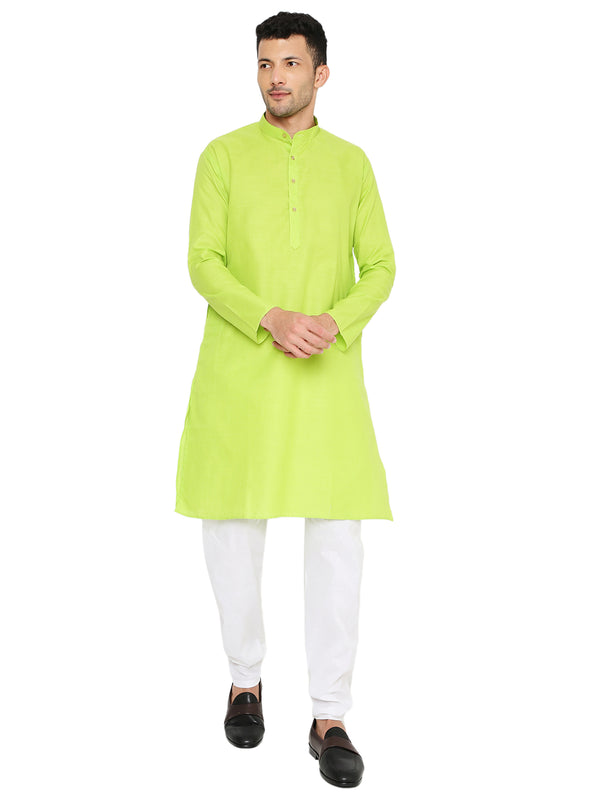 Cotton Kurta - Magic Neon Green Kurta with mandarin collar and button placket, paired with white pajama for traditional wear.