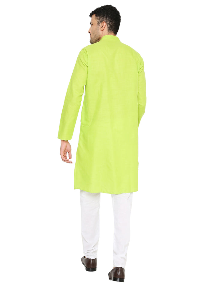 Back view of Magic Neon Green Cotton Kurta showcasing its straight cut and long sleeves, ideal for festive and casual occasions.