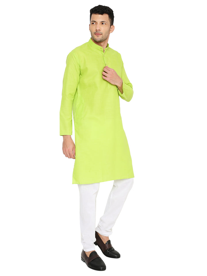 Side pose of Magic Neon Green Cotton Kurta highlighting its comfortable fit and vibrant color, perfect for ethnic celebrations.