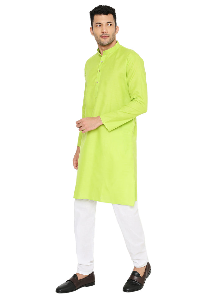 Model wearing Magic Neon Green Cotton Kurta with white pajama, displaying a relaxed fit and breathable fabric for all-day comfort.