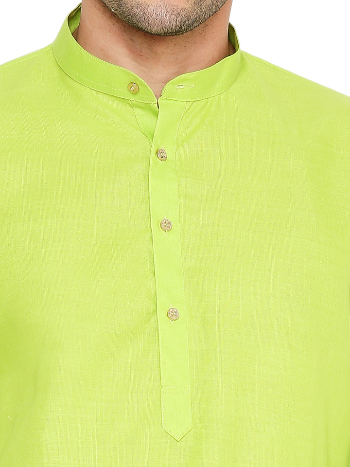 Close-up of Magic Neon Green Cotton Kurta's button placket and mandarin collar, emphasizing fine stitching and premium cotton texture.