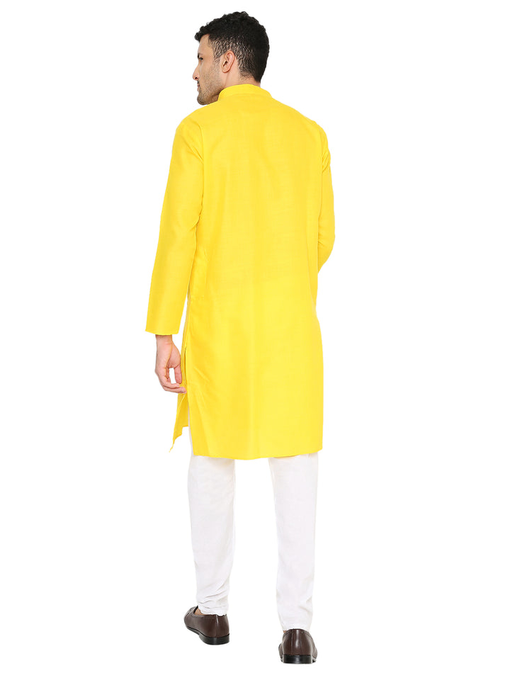 Back view of solid yellow magic cotton kurta showcasing its straight cut and long sleeves, ideal for festive and casual wear.