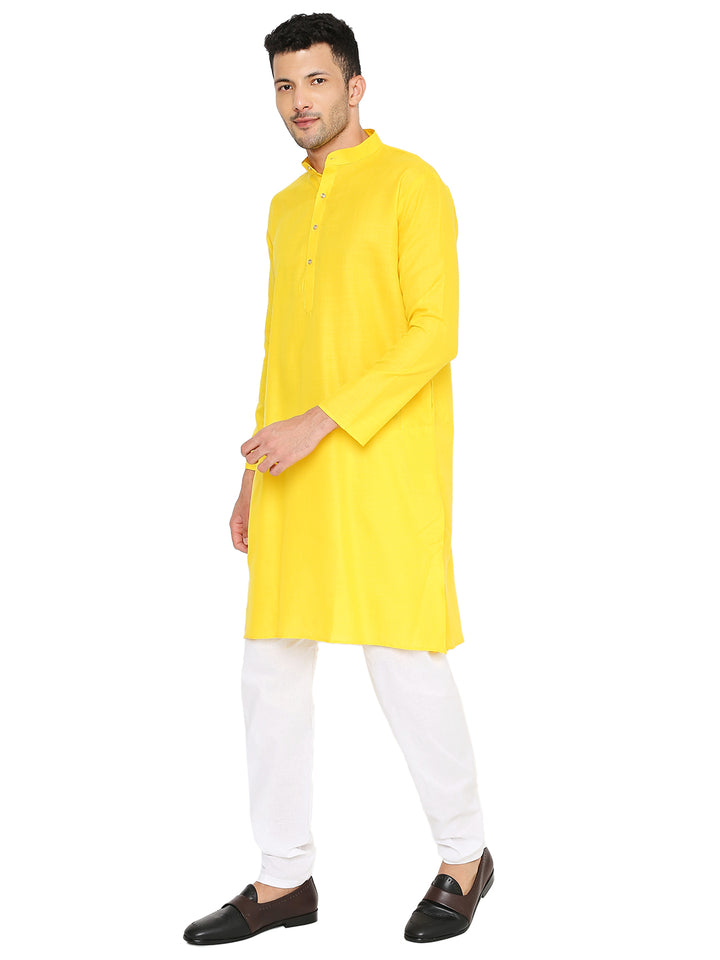 Angled view of solid yellow kurta in breathable magic cotton, perfect for traditional events and everyday ethnic wear.