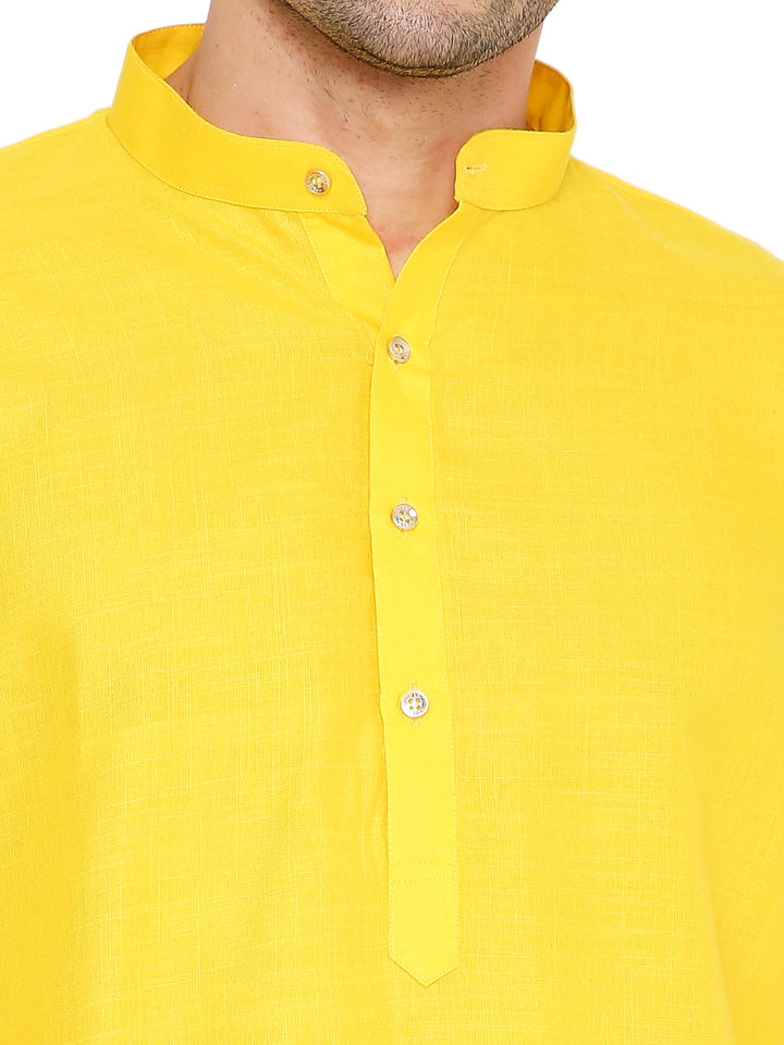 Close-up of yellow magic cotton kurta's button placket and mandarin collar, emphasizing fine stitching and fabric texture.
