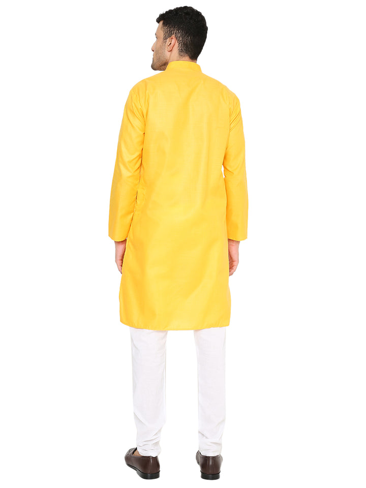 Back view of Magic Cotton Kurta Yellow showing straight hem and long sleeves, ideal for festive and casual wear.