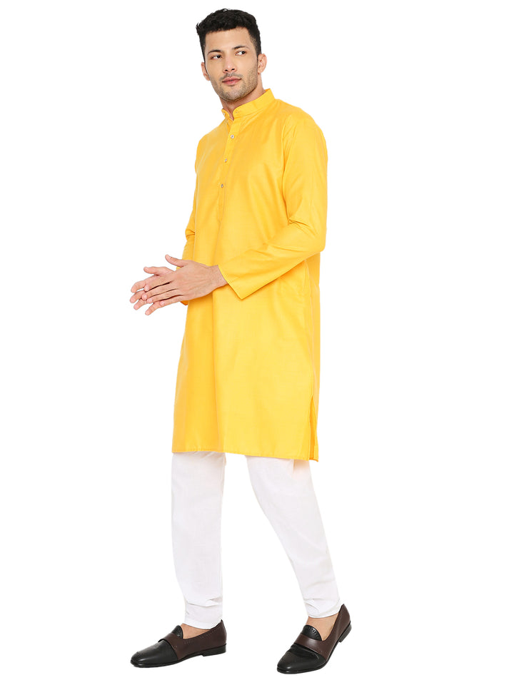 Side pose of Magic Cotton Kurta Yellow highlighting its tailored fit and breathable cotton fabric for versatile styling.