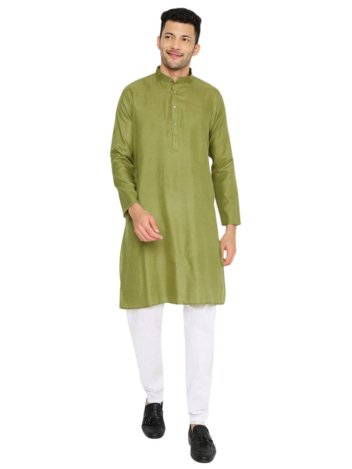 Magic Cotton Kurta - Olive Green Maharaja with mandarin collar and button placket, styled with white pajama for traditional wear.