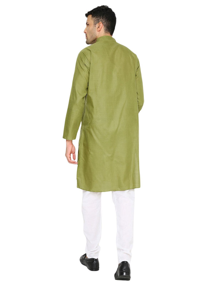 Back view of Magic Cotton Solid Kurta in Olive Green Maharaja, showcasing straight hem and long sleeves for a classic ethnic look.