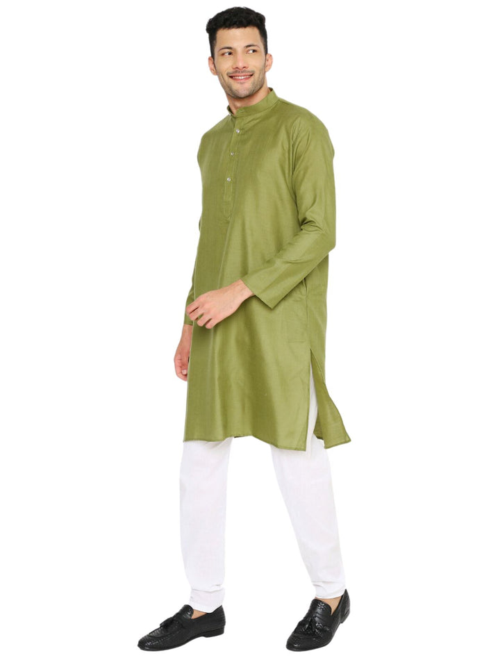 Side view of Olive Green Maharaja Magic Cotton Kurta Set, featuring side slits and a relaxed fit ideal for festive and casual occasions.