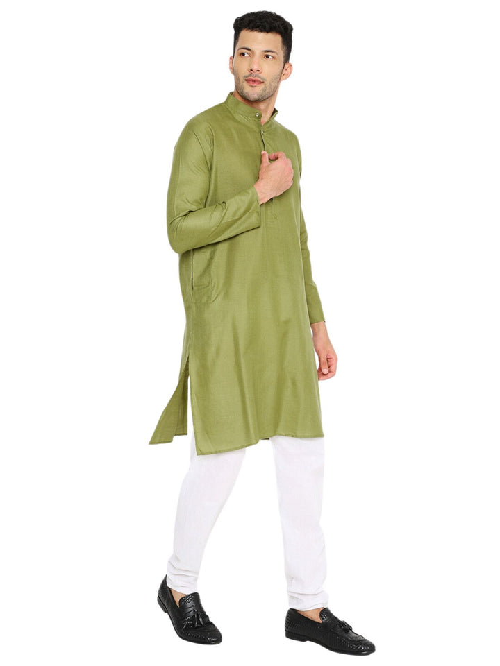 Angled front view of Magic Cotton Kurta - Olive Green Maharaja, highlighting its breathable fabric and versatile styling for men.