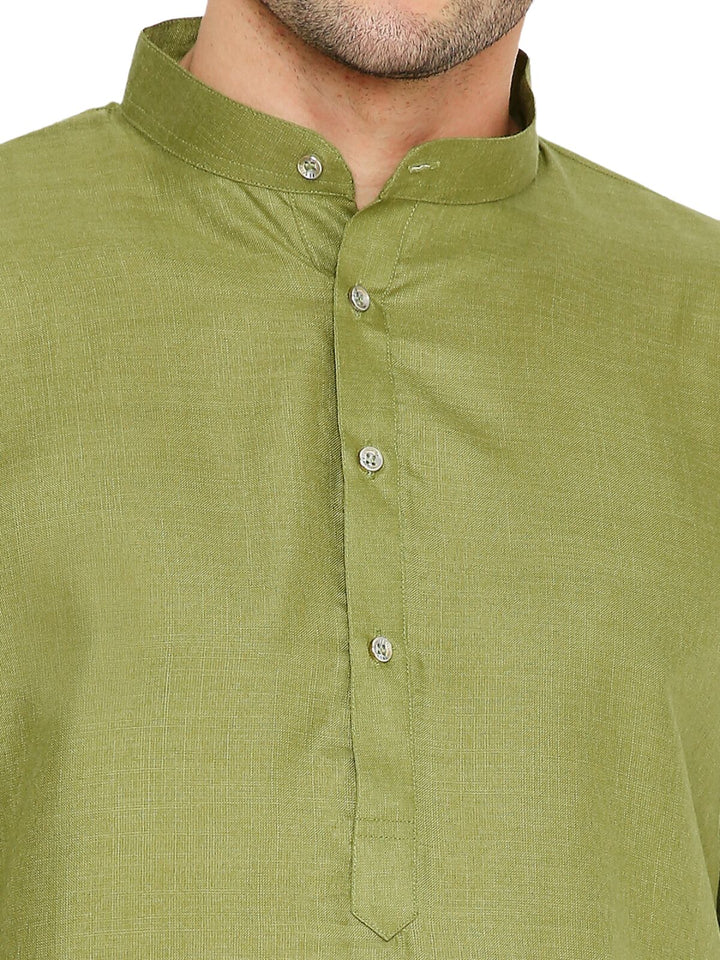 Close-up of Olive Green Maharaja Magic Cotton Kurta's mandarin collar and button detailing, emphasizing fine stitching and fabric texture.