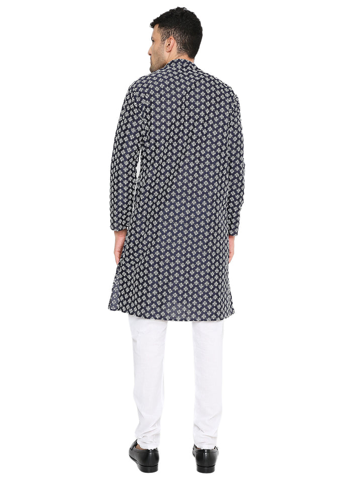 Back view of Dark Blue Banarasi Silk Kurta - Men's Dress showcasing full-length design and intricate pattern work.