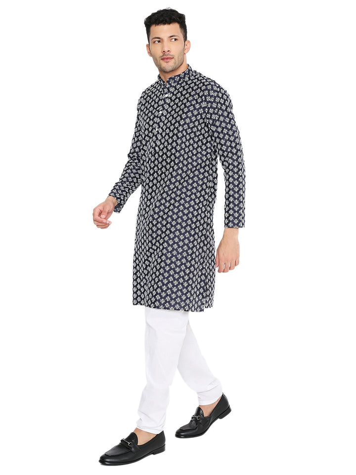 Side view of Dark Blue Banarasi Silk Kurta - Men's Dress highlighting premium fabric and elegant ethnic styling.
