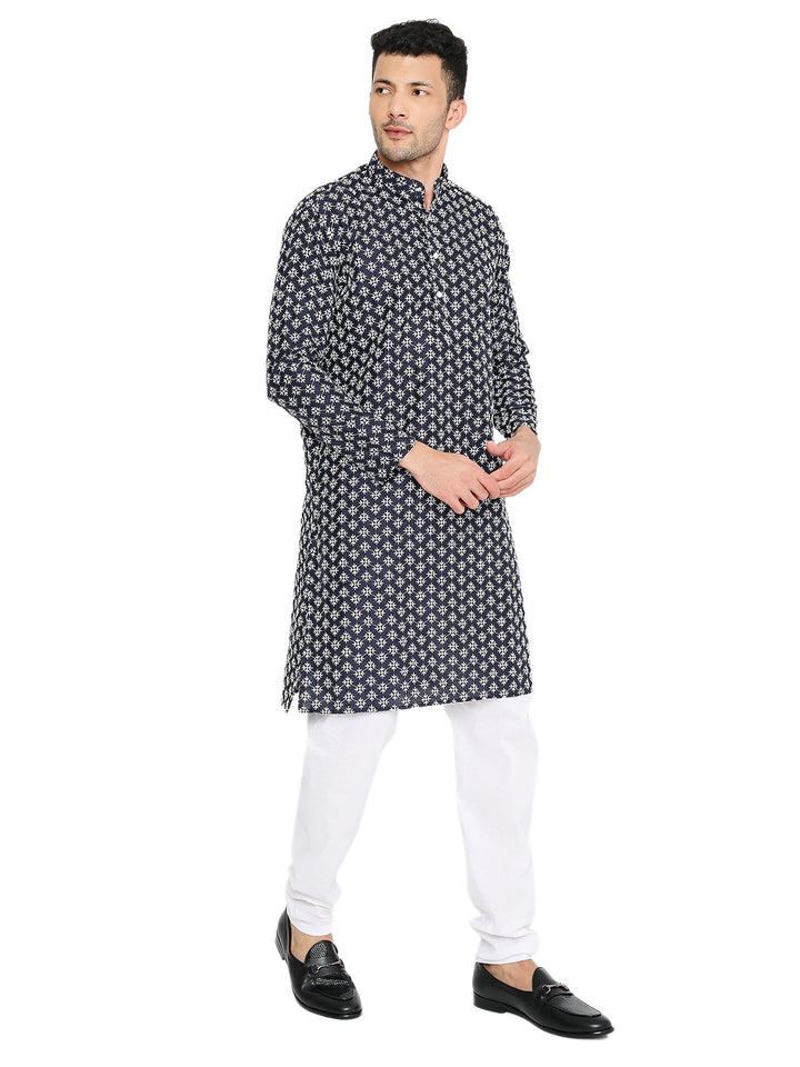 Angled front view of Dark Blue Banarasi Silk Kurta - Men's Dress ideal for weddings and festive celebrations.