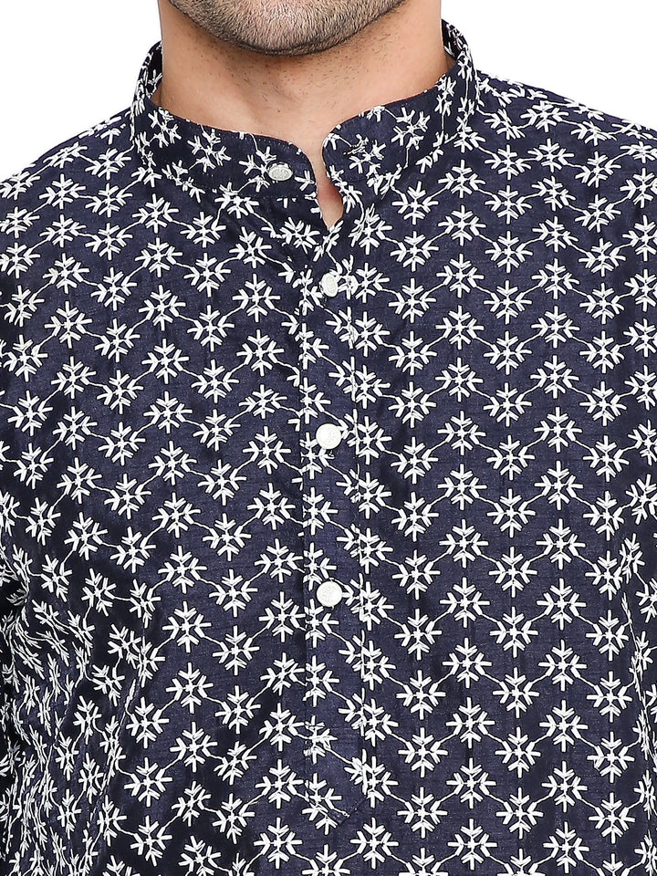 Close-up of Dark Blue Banarasi Silk Kurta - Men's Dress featuring detailed white embroidery and buttoned neckline.