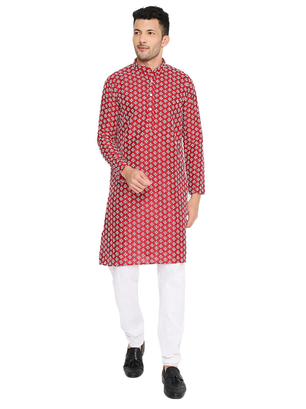 Red Banarasi Silk Kurta with white floral motifs, full sleeves and mandarin collar, ideal for wedding attire and festive occasions.