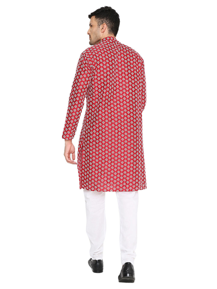 Back view of Red Banarasi Silk Kurta showcasing traditional weave and full-length design, perfect for Indian ethnic wear.