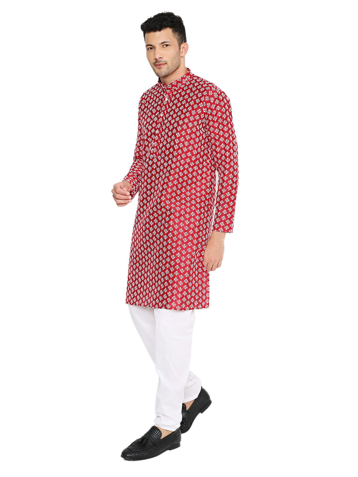 Side view of Red Banarasi Silk Kurta for men, featuring lush fabric and elegant pattern, suitable for ceremonial clothing.