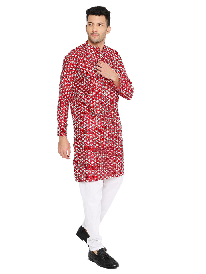 Front pose of Red Banarasi Silk Kurta styled for weddings, highlighting premium silk texture and traditional craftsmanship.