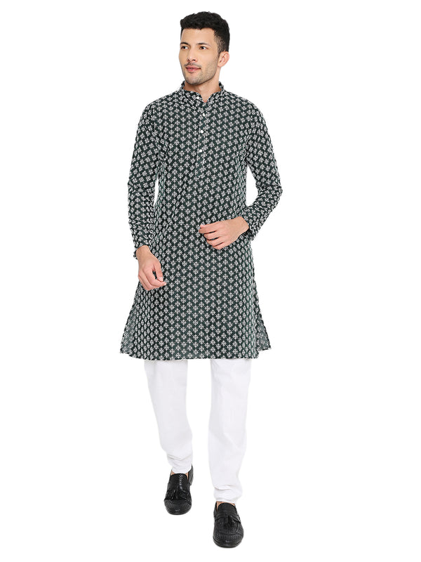 Dark Green Banarasi Kurta - Wedding Silk | Premium Heritage styled with white churidar, featuring intricate white motifs and a classic straight cut.