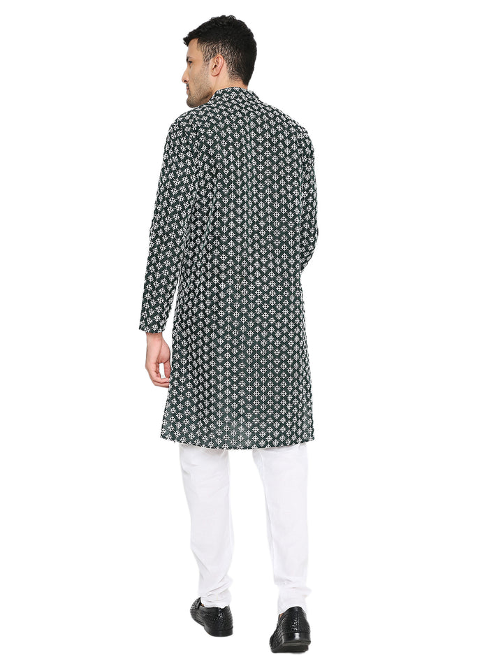 Back view of Dark Green Banarasi Kurta - Wedding Silk | Premium Heritage showcasing full-length traditional design with elegant woven pattern.