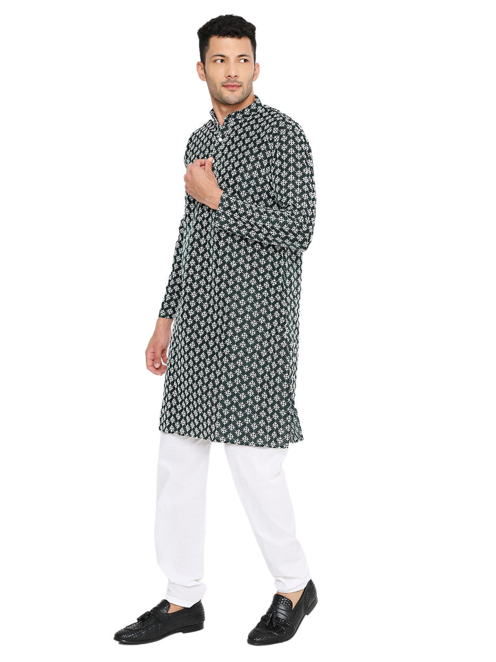 Side pose of Dark Green Banarasi Kurta - Wedding Silk | Premium Heritage highlighting the kurta's rich texture and festive ethnic appeal.