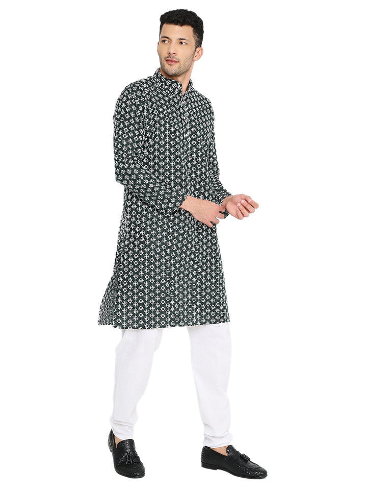 Model in Dark Green Banarasi Kurta - Wedding Silk | Premium Heritage paired with white trousers, ideal for weddings and festive occasions.