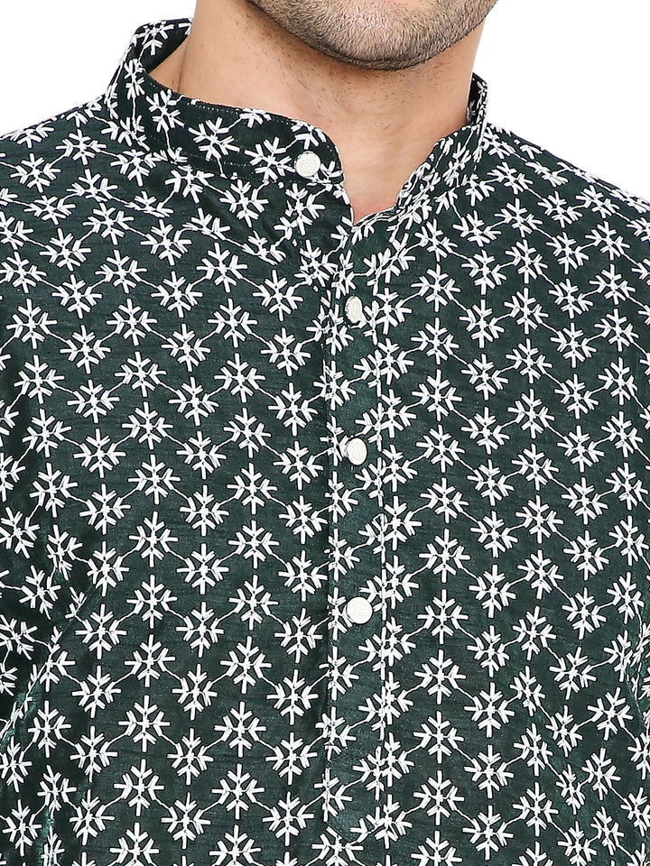 Close-up of Dark Green Banarasi Kurta - Wedding Silk | Premium Heritage showing mandarin collar and detailed white floral embroidery.