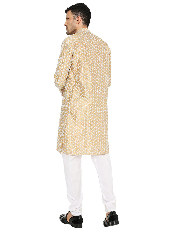 Back view of Golden Banarasi Silk Kurta for men showcasing intricate woven pattern and smooth silk texture, perfect for ethnic celebrations.