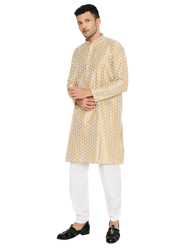 Golden Banarasi Silk Kurta for men with full sleeves and mandarin collar, styled for festive and wedding occasions in traditional Indian wear.