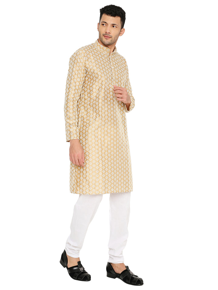 Side view of Golden Banarasi Silk Kurta for men, highlighting elegant craftsmanship and luxurious silk fabric for ceremonial attire.