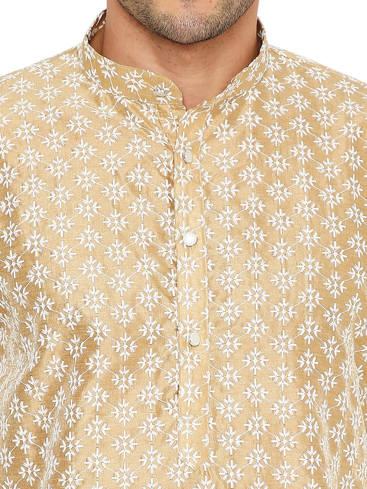 Close-up of Golden Banarasi Silk Kurta neckline showing detailed embroidery and button placket, ideal for traditional Indian events.