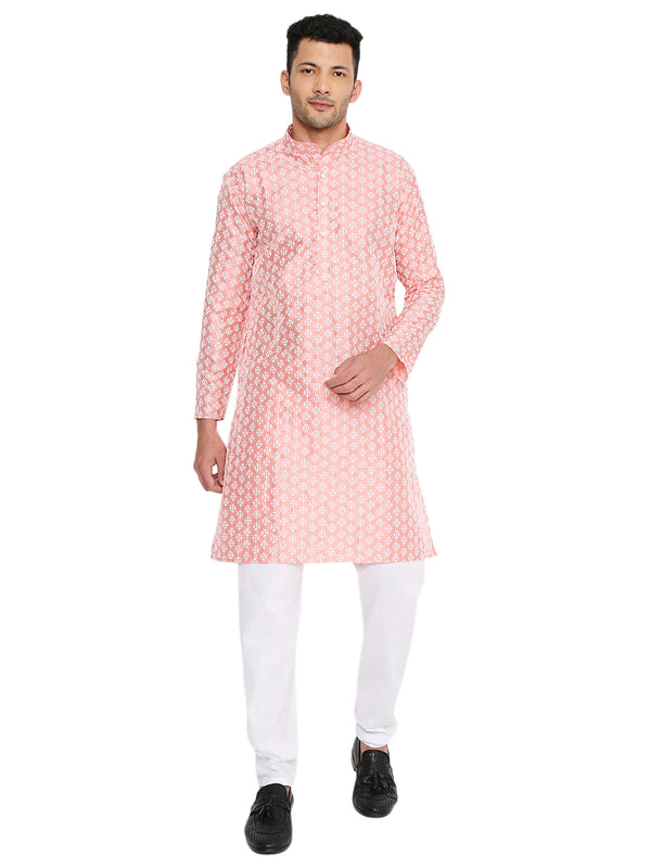 Banarasi Silk Kurta-Pink for Weddings featuring intricate white motifs, ideal for festive and traditional occasions in premium silk fabric.
