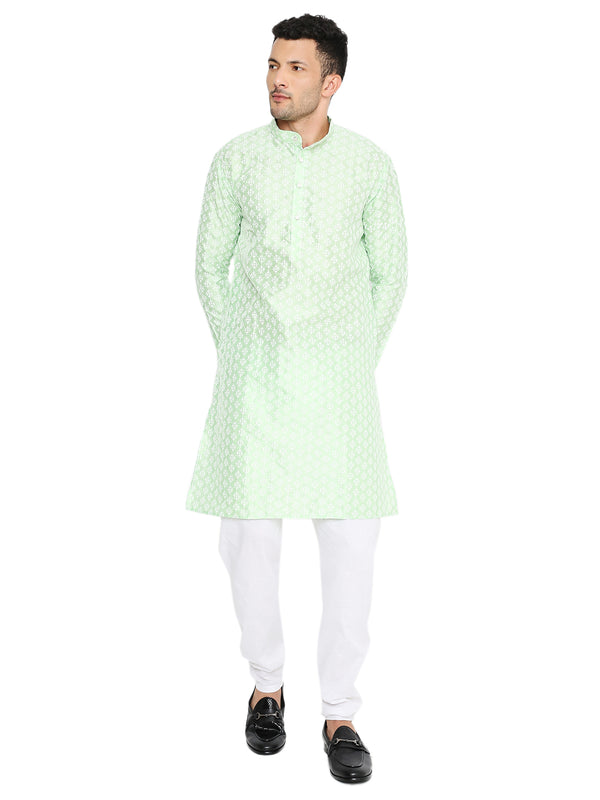 Green Banarasi Silk Kurta for men with white floral motifs, ideal for weddings and festive occasions. Features a classic straight cut and mandarin collar.