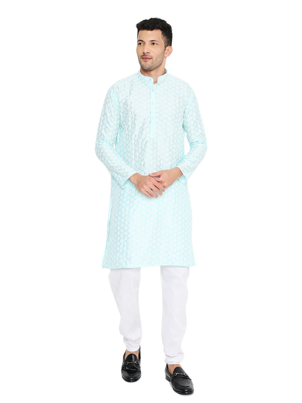 Blue Banarasi Silk Kurta - Heritage Charm | Premium Fabric, featuring intricate woven patterns and a mandarin collar, ideal for festive occasions.