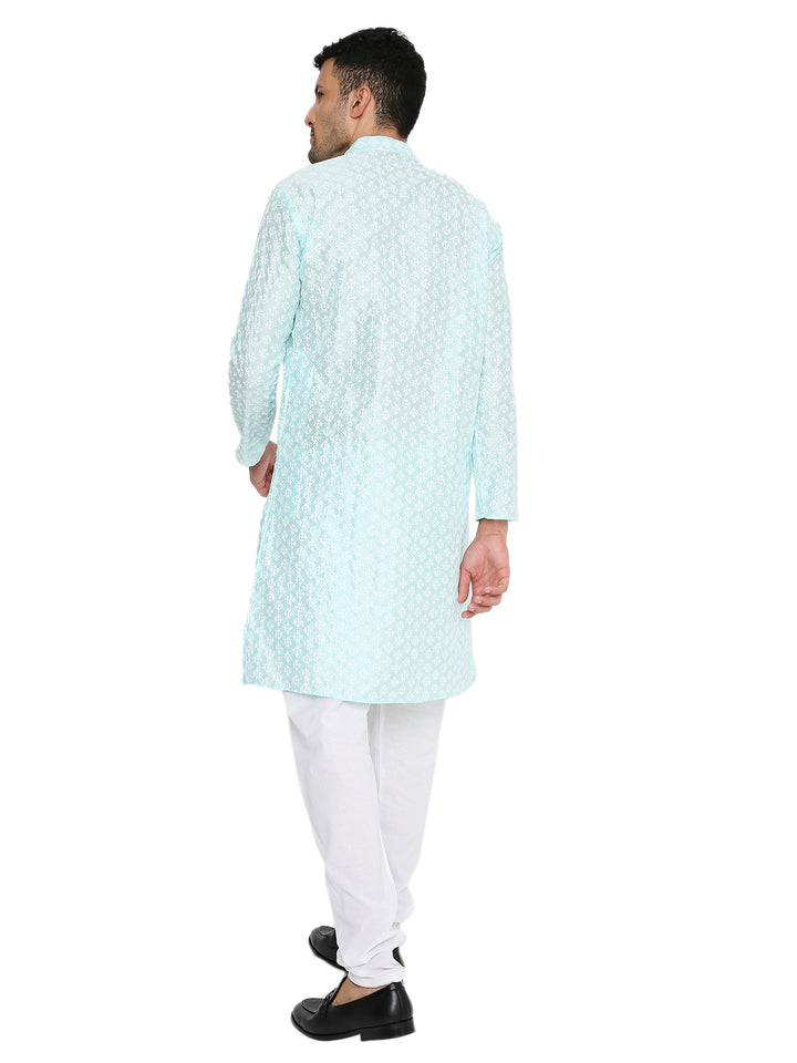 Back view of Blue Banarasi Silk Kurta - Heritage Charm | Premium Fabric, showcasing full-length design and elegant silk texture for traditional wear.