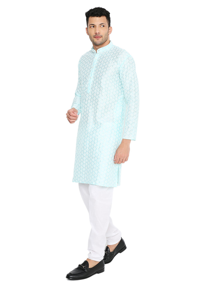 Side view of Blue Banarasi Silk Kurta - Heritage Charm | Premium Fabric, styled with white churidar and black loafers for a refined ethnic look.