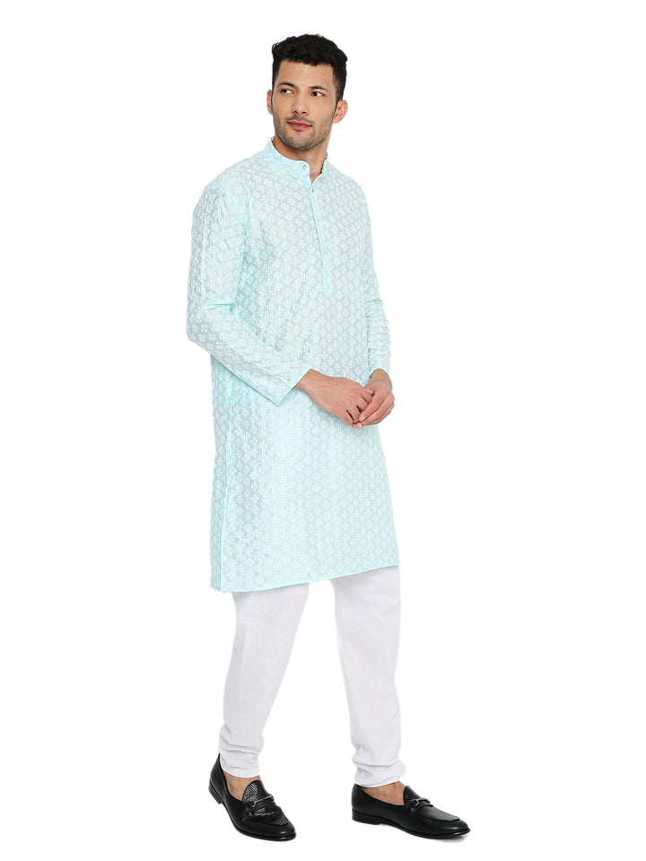 Angled front view of Blue Banarasi Silk Kurta - Heritage Charm | Premium Fabric, highlighting its classic silhouette and luxurious silk fabric.