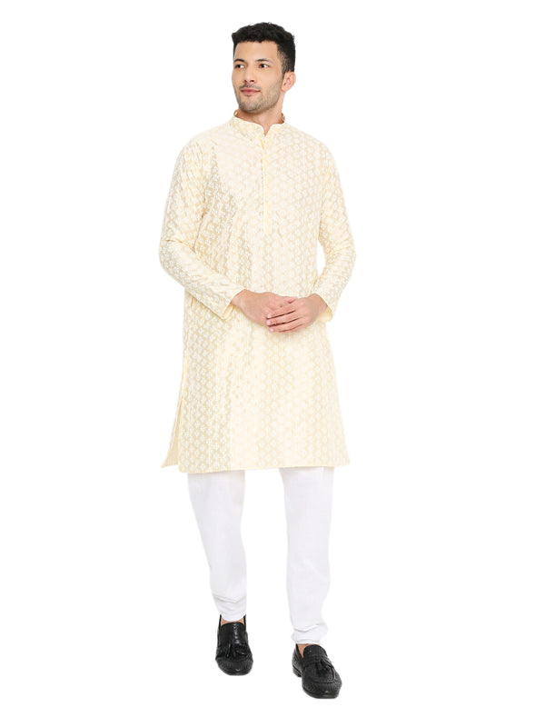 Banarasi Silk Kurta in off-white with intricate floral patterns, ideal for wedding attire. Features a premium fabric and traditional band collar.
