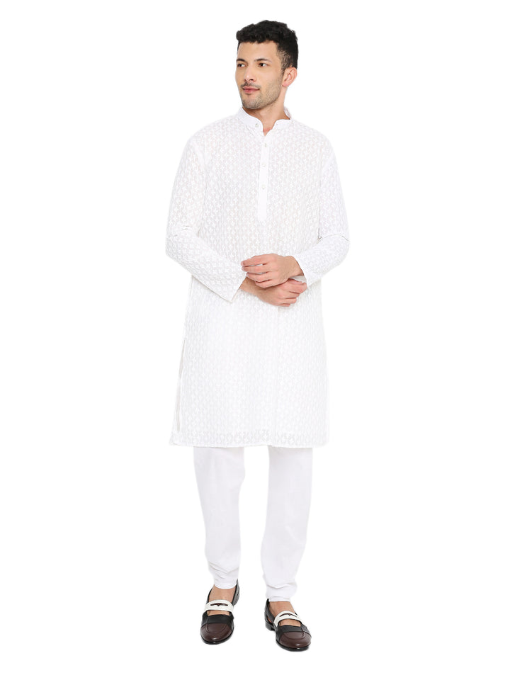White Sequin Kurta - Georgette Embroidery for men, featuring full sleeves and straight hem, ideal for festive and traditional occasions.
