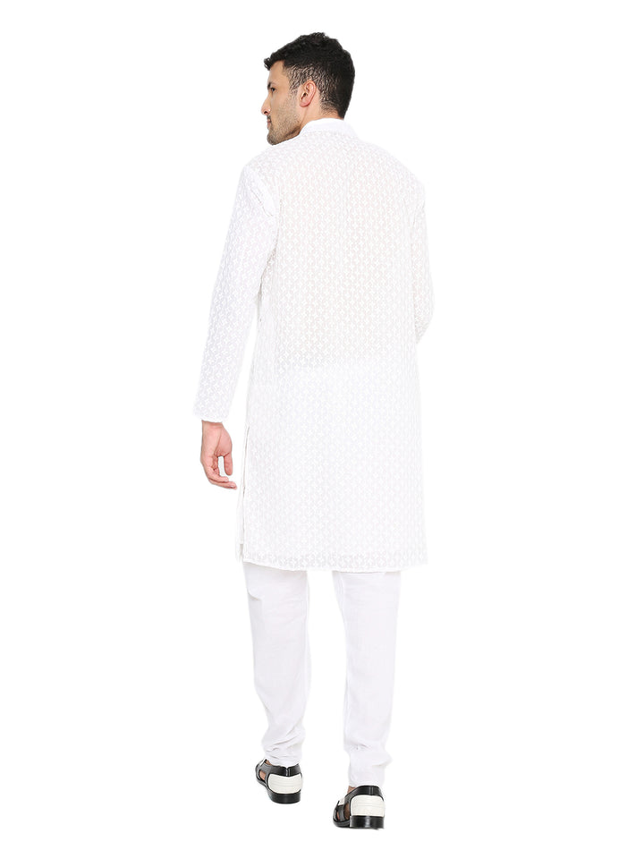 Back view of White Georgette Embroidered Kurta with sequin detailing, showcasing lightweight fabric and elegant festive wear design.